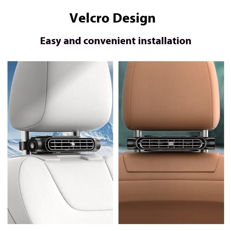 USB plug-in car fan with Velcro straps mounted on a car seat headrest in beige colour.
