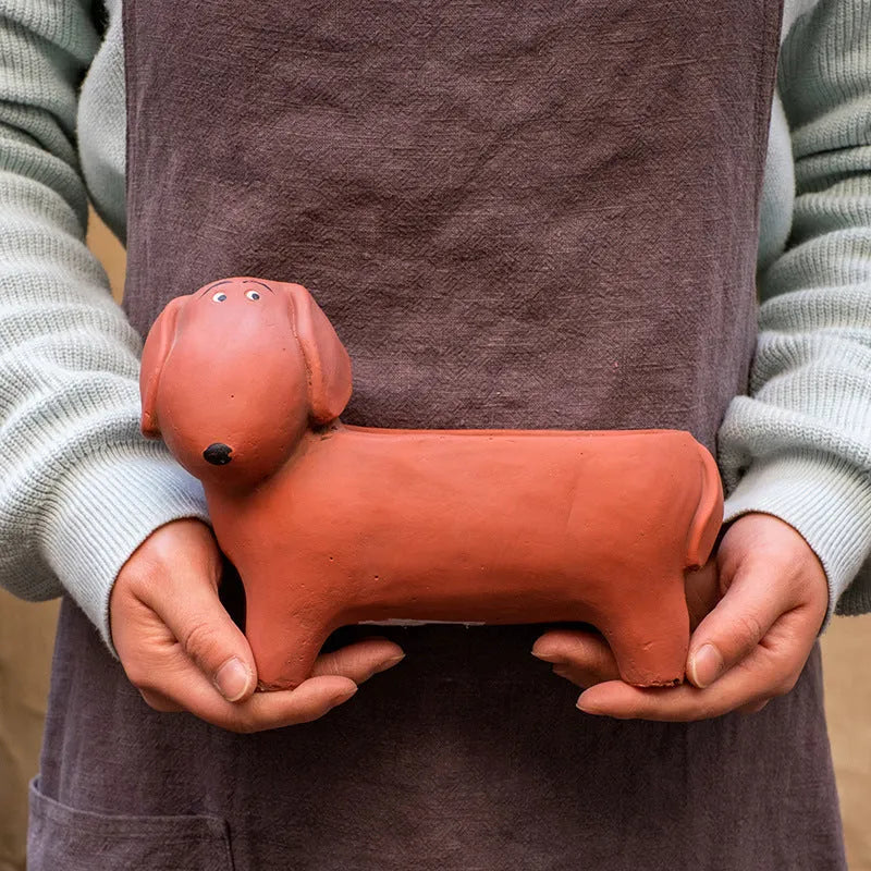 Cement sausage dog flower pot medium size 15x20.5x10cm with drainage hole on floor