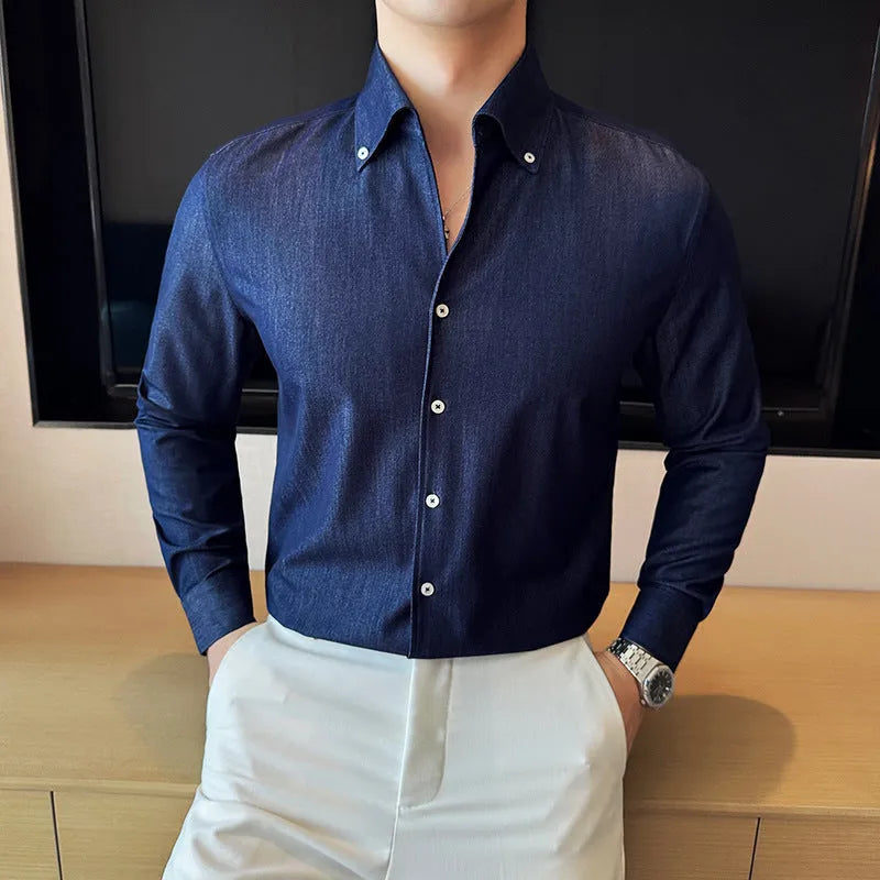 Men's slim fit long-sleeved denim shirt in black, shown in a cardigan style.