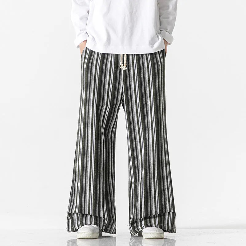 Vintage stripe loose straight mopping trousers in cotton blend fabric showing straight leg opening