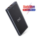 Black and blue 10000mAh power bank with wireless charging and built-in plug