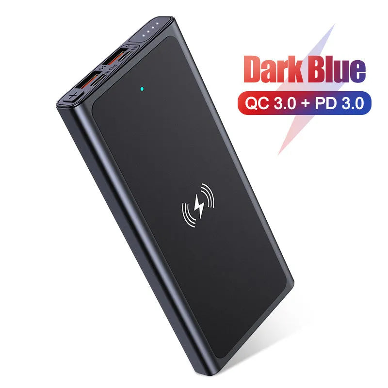 Black and blue 10000mAh power bank with wireless charging and built-in plug