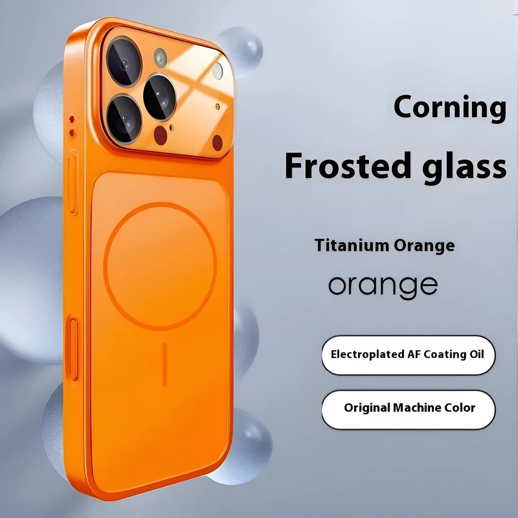 Frosted tempered glass magnetic iPhone case in titanium grey colour on iPhone 15 Pro