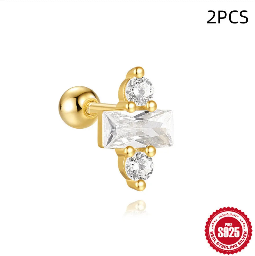 S925 sterling silver flower stud earrings with square gravel setting in golden electroplated finish