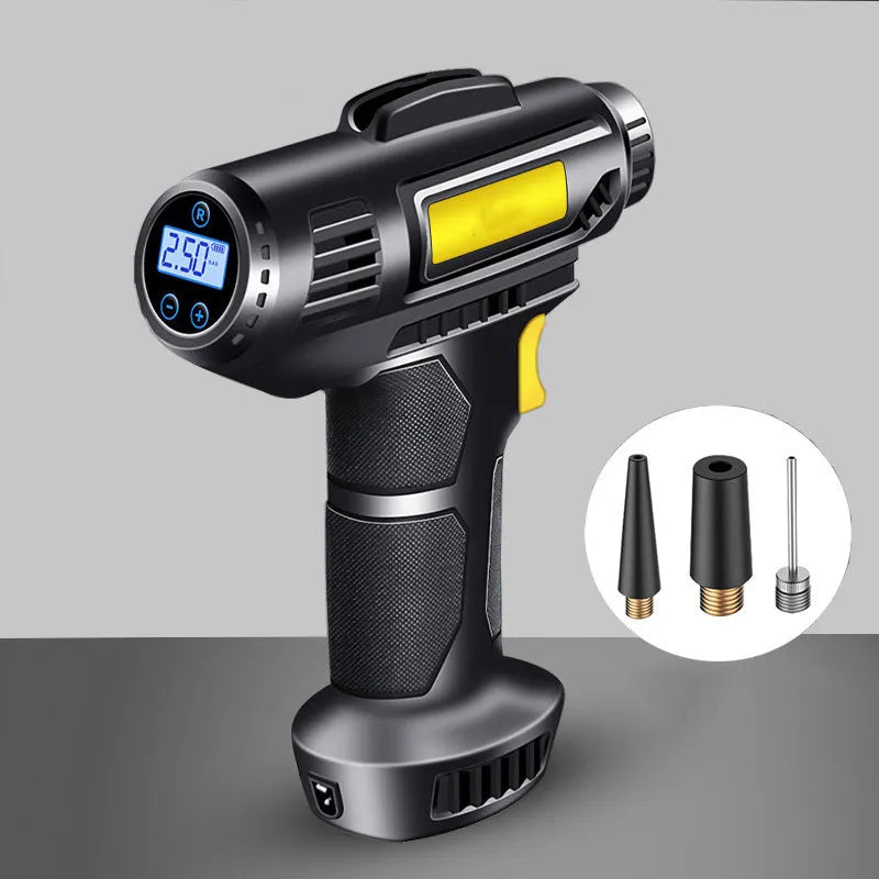 Black wireless electric tire air pump with digital display, showing dimensions and included USB cable and air nozzles.