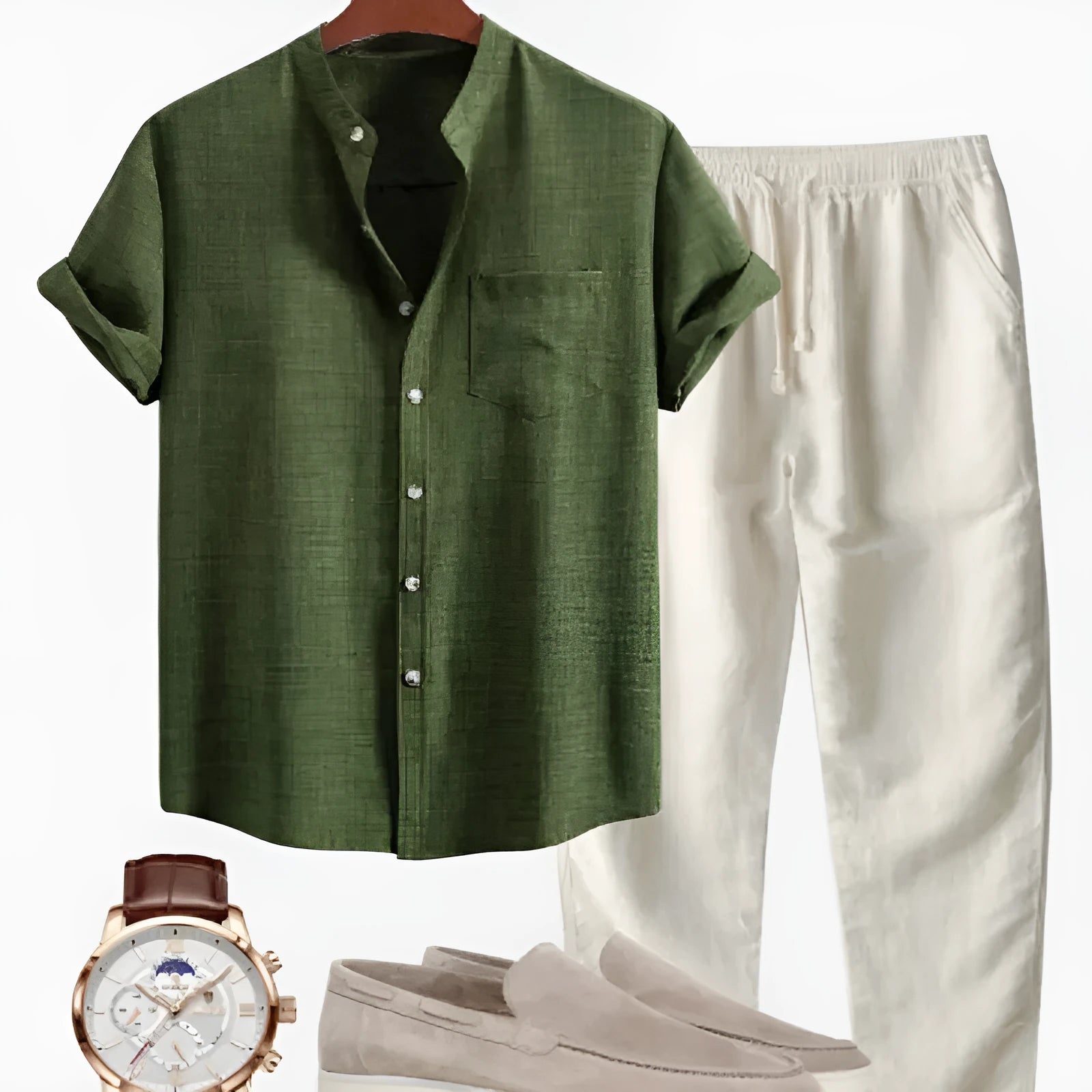 Men's slim-fit short-sleeved shirt with stand collar and digital print, shown with matching pants, shoes, and watch.