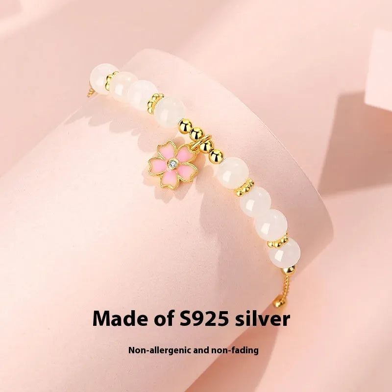 S925 sterling silver cherry blossom pendant with gradient pink epoxy on Hetian jade beaded bracelet
