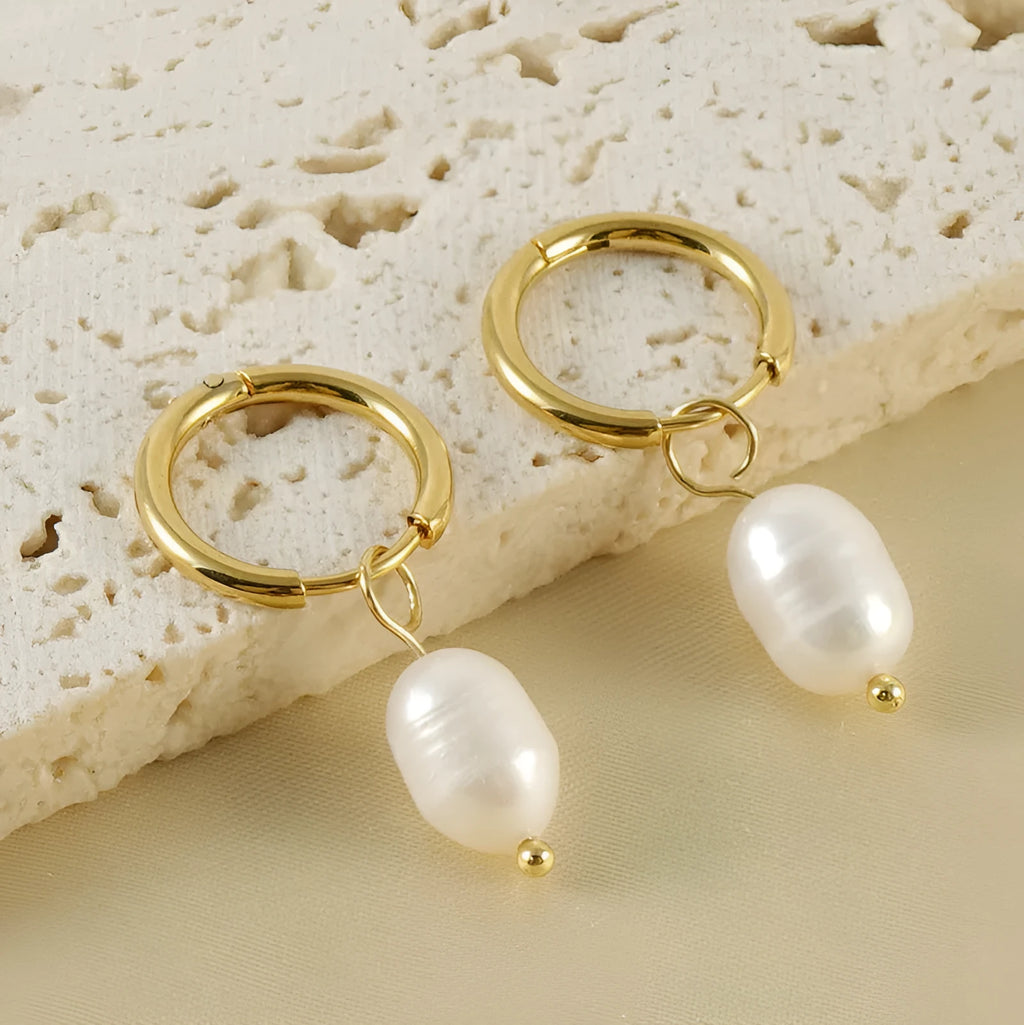 Geometric gold stainless steel earrings with pearl accents for women