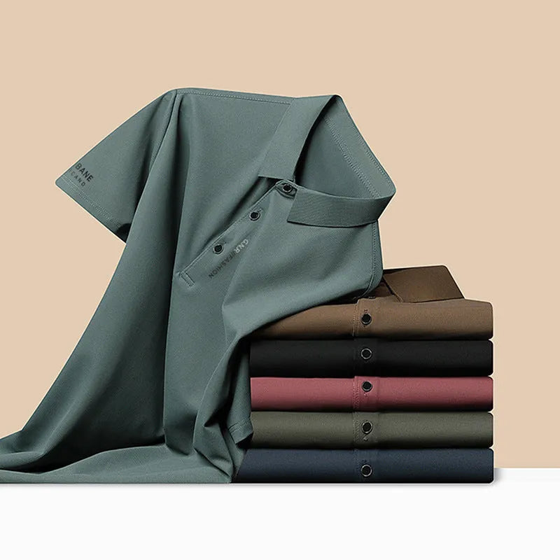 Men's waffle short sleeve polo shirt in bean green, loose fit with side slits, on plain background