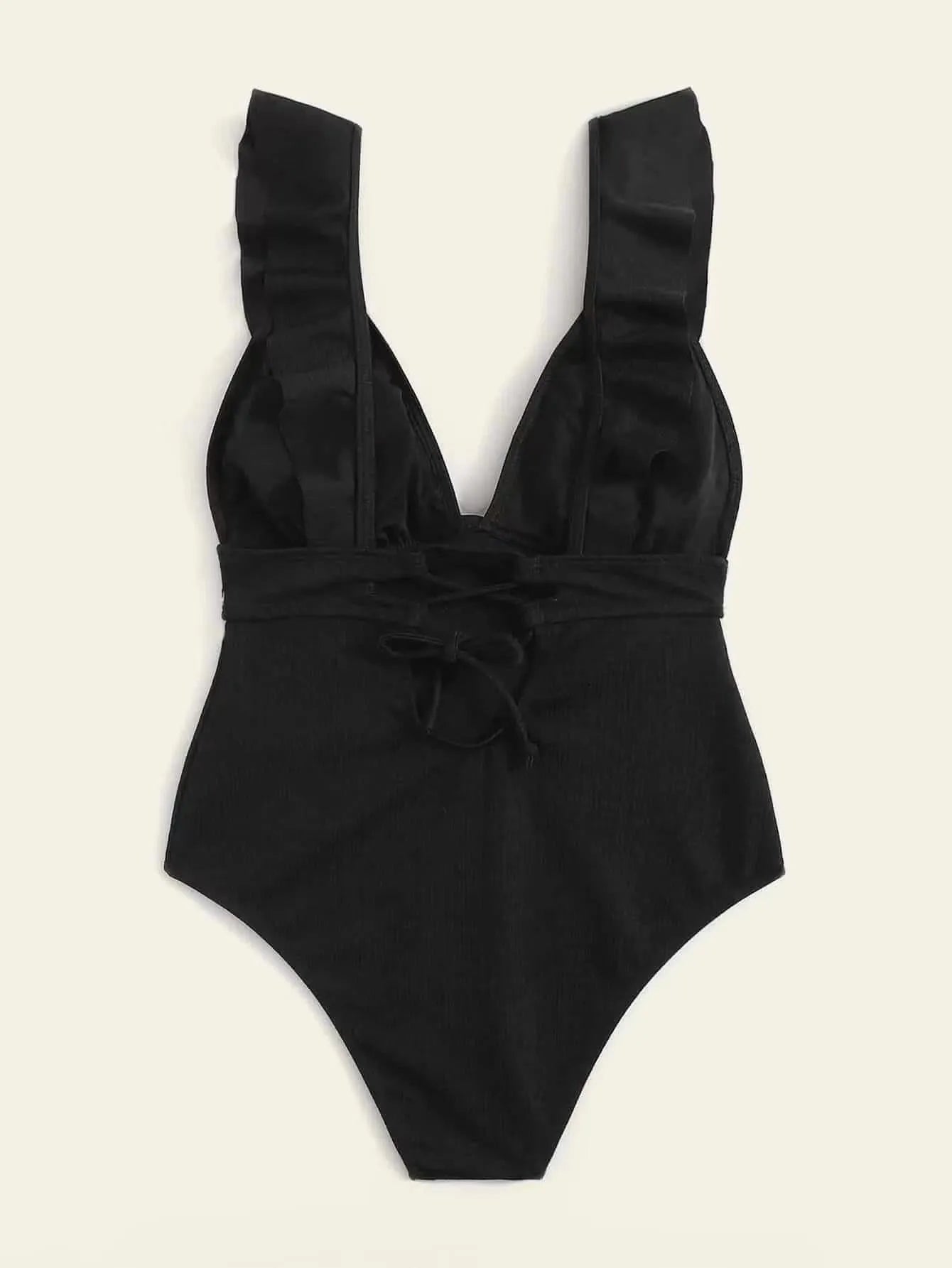 Women's black one-piece swimsuit with ruffled shoulder straps and lace-up back.