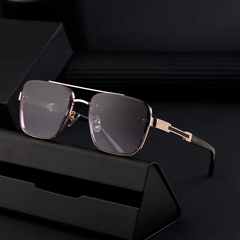 Men's UV protection vintage sunglasses with PC frame, grey tinted lenses, gold double gray colour