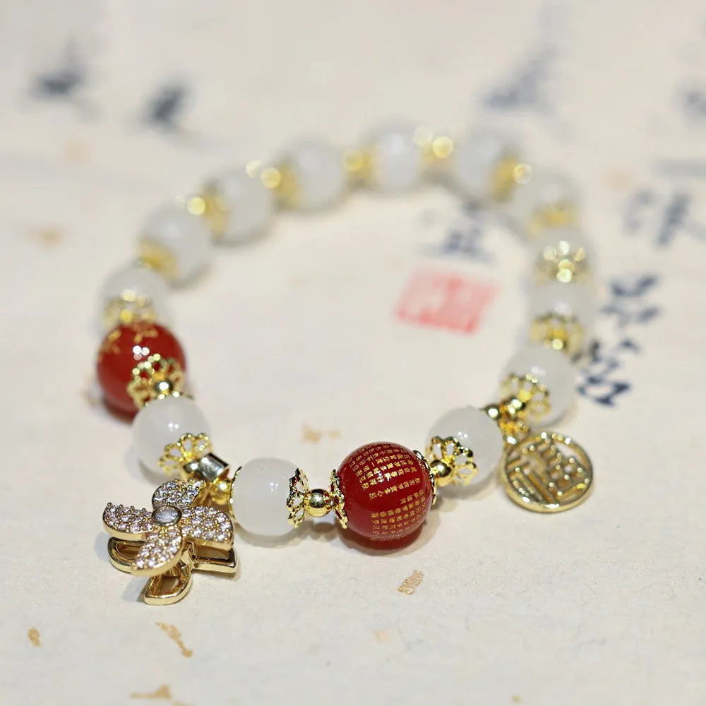 Chinese style coloured glass women's bracelet with fu character and safety lock symbols