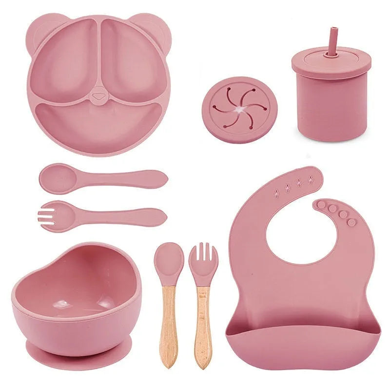 Panda Silicone children's tableware set with cat ear design cups in multiple colours on a table