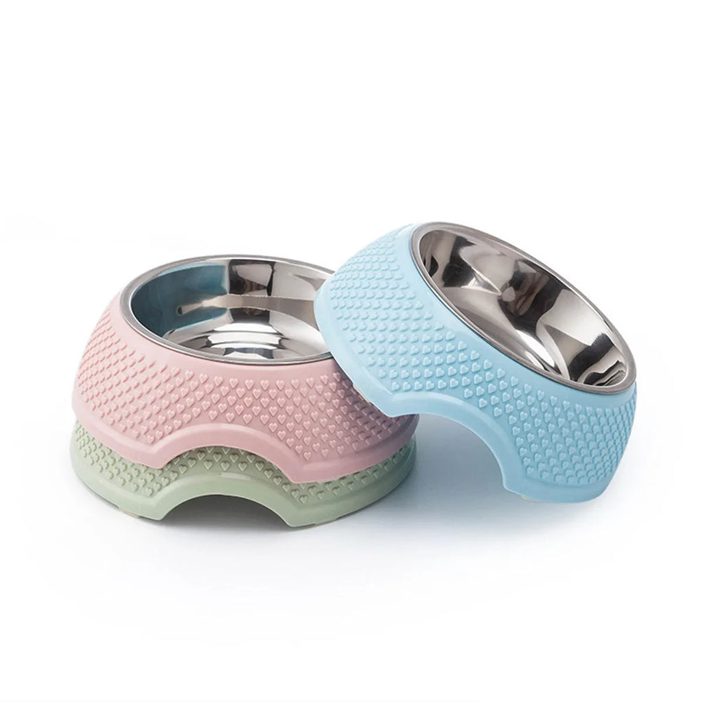 Blue stainless steel square pet bowl with a non-slip base for cats and small dogs