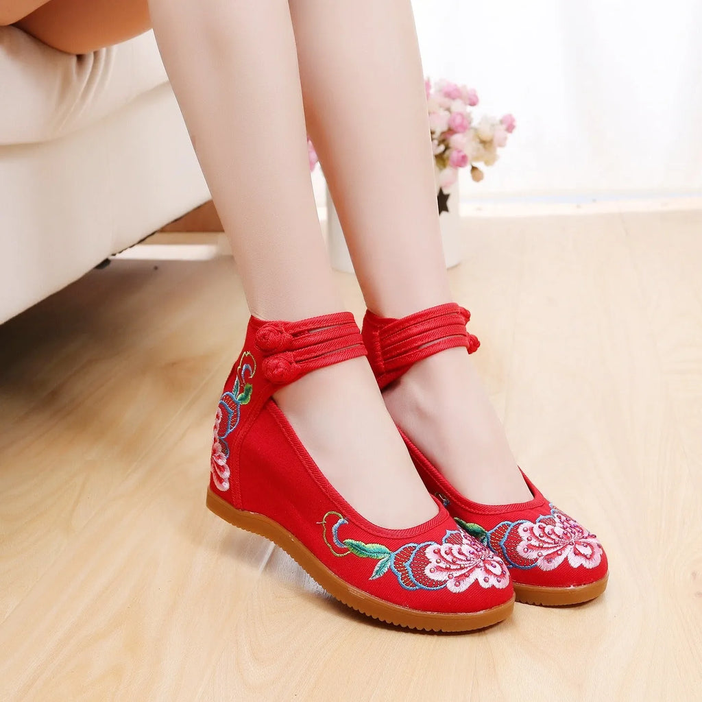 Women's rhinestone ethnic pattern double buckle canvas high heels flat heel round toe beige colour