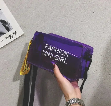 Transparent square women's shoulder bag with adjustable strap in multiple colour options showing internal mobile phone pocket