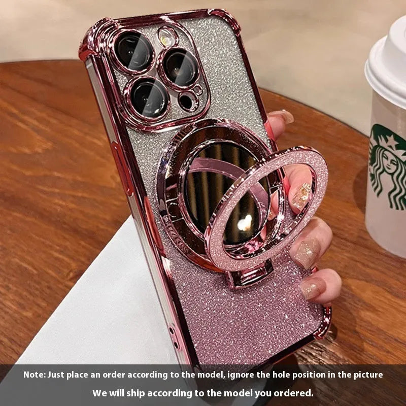 Glitter mirror folding bracket phone case for iPhone 16 with drop-resistant PC material in gradient colours