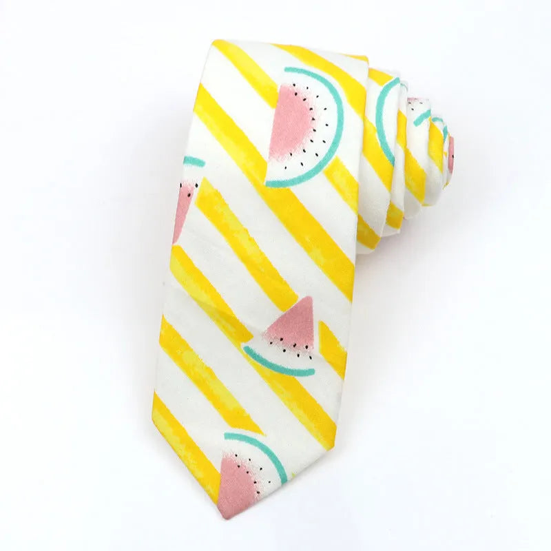 Narrow Korean style cotton bow tie with a printed cartoon pattern in various colours.