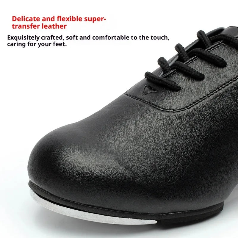 Adult tap dance shoes with leather upper, black men's style, on a plain background.