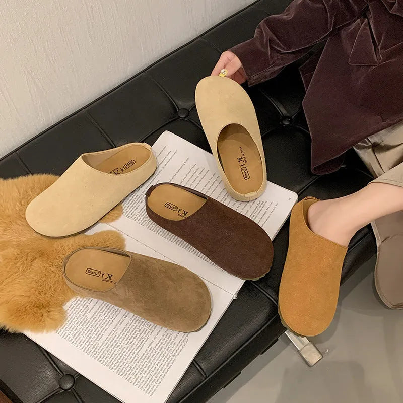Korean style flat slip-on slippers in apricot colour with microfiber upper and PU sole.