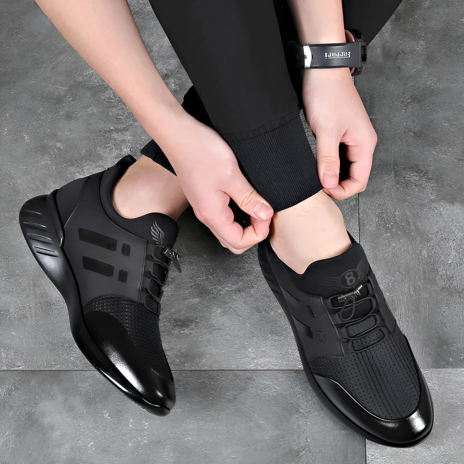 Men's black genuine leather height increase casual shoes with round toe and chunky heel.