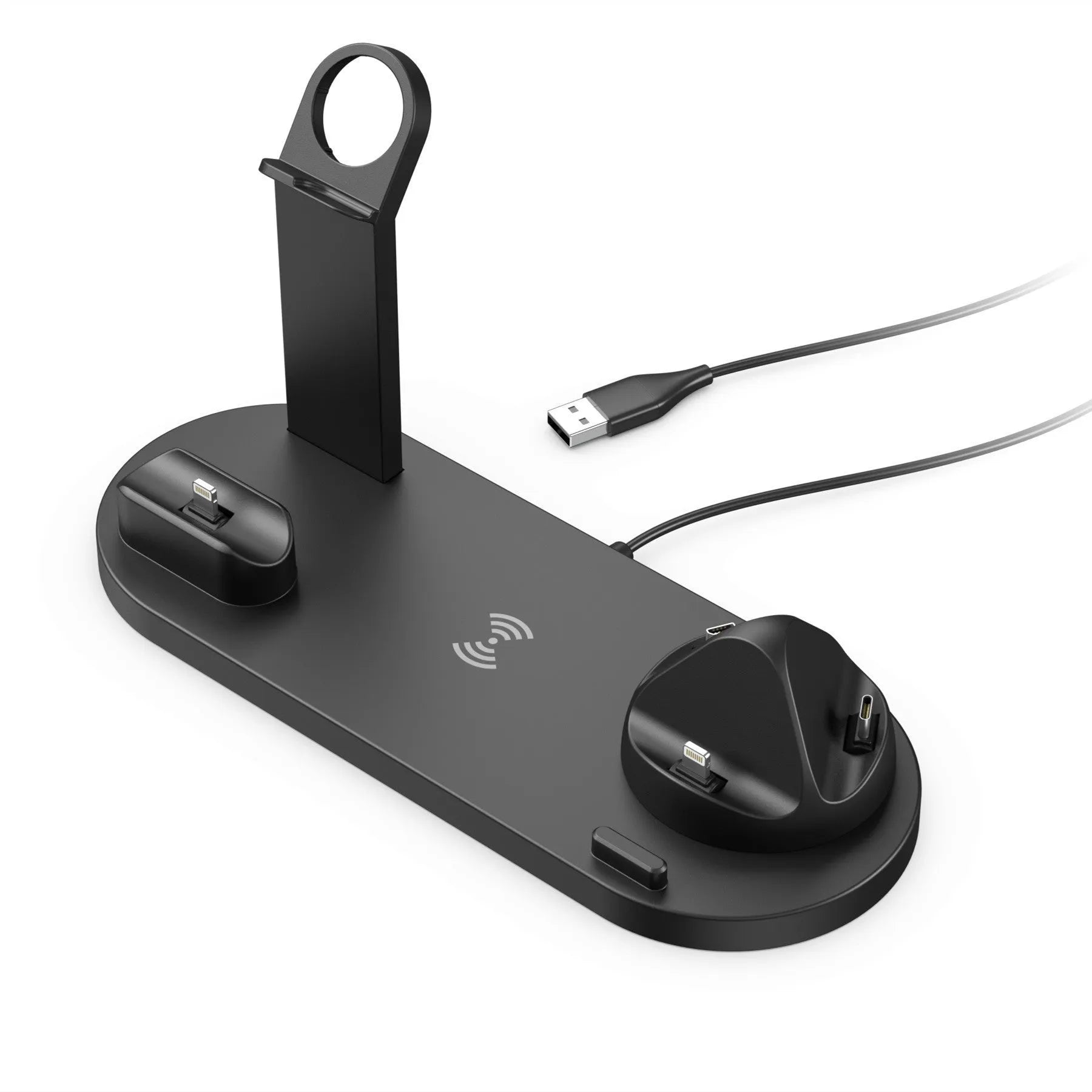 Black wireless charging stand holding a mobile phone and smartwatch upright with headphones in slot.