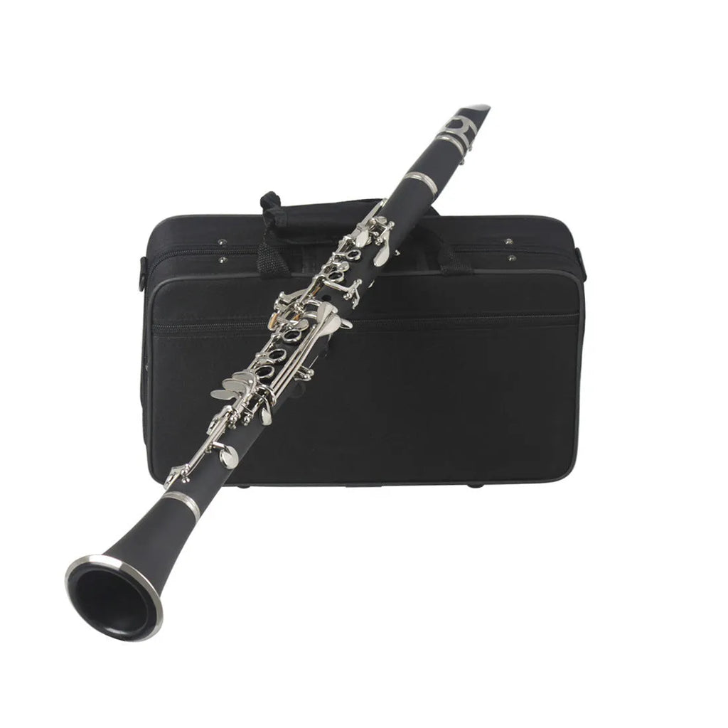 Black Bakelite clarinet with nickel-plated 17-key mechanism and carrying bag