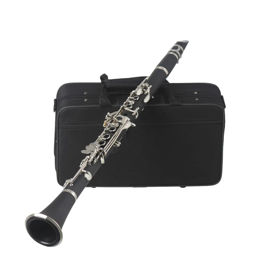 Black Bakelite clarinet with nickel-plated 17-key mechanism and carrying bag