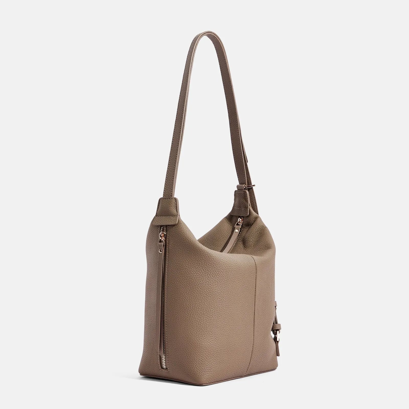 Soft genuine cowhide leather women's bucket shoulder bag in elephant grey colour