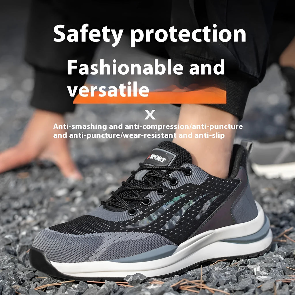 Men's black and grey low-top safety shoes with plastic toe cap, lace-up front, and textured PU sole.