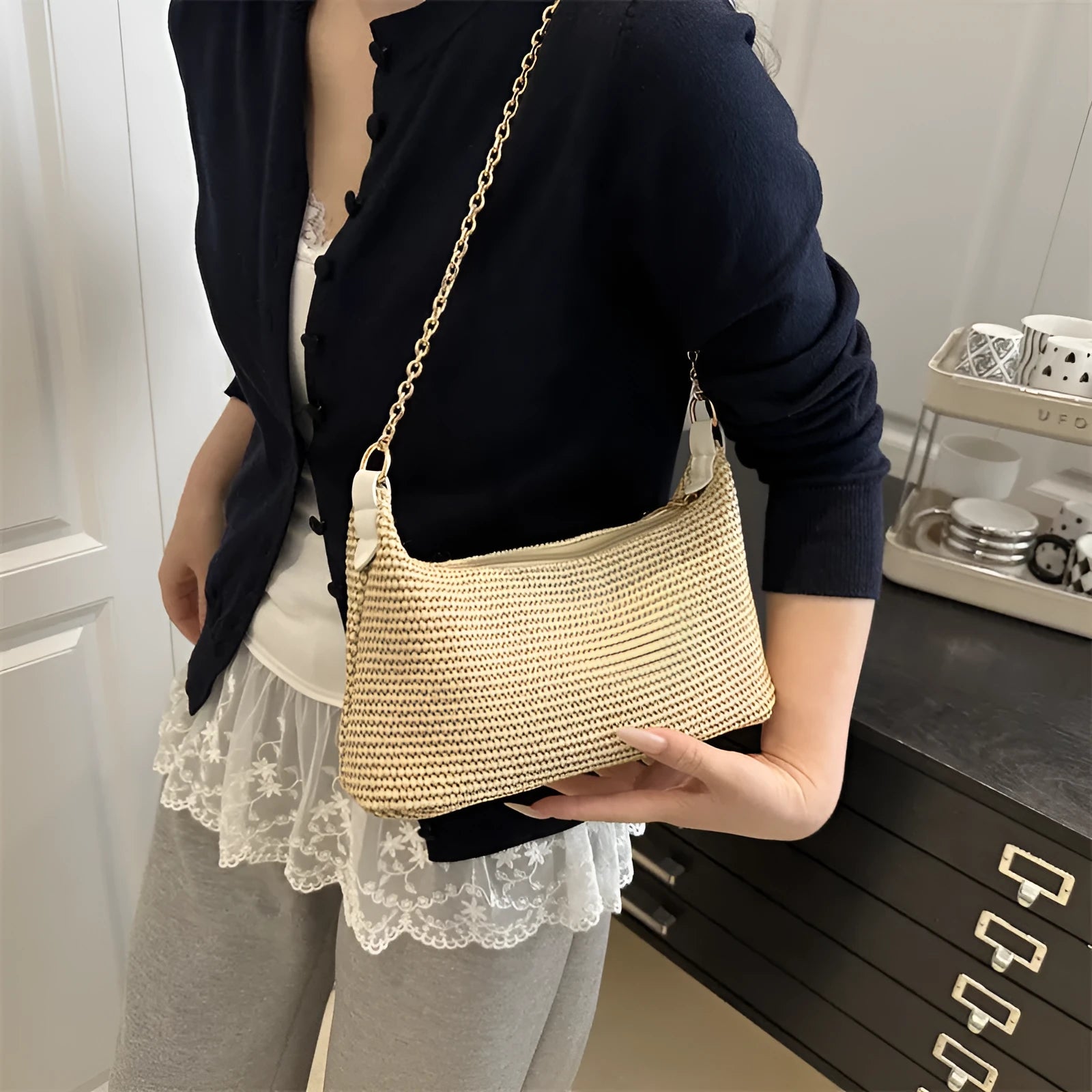 Women's woven straw crossbody bag with phone compartment in khaki colour
