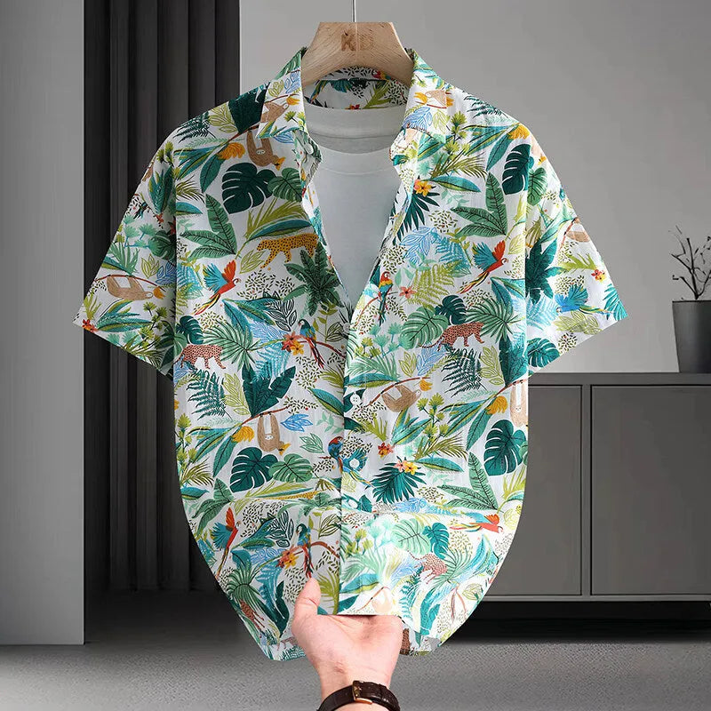 Men's short sleeve Hawaiian style shirt with floral print pattern in cotton fabric, cardigan style