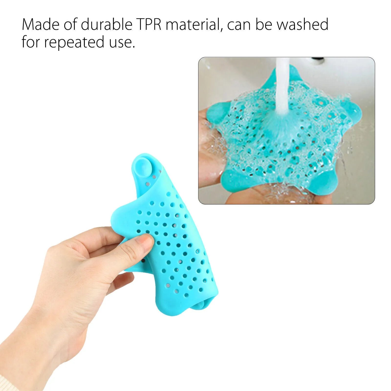 Three starfish-shaped TPR sink drain filters in blue, green, and white on a bathroom sink