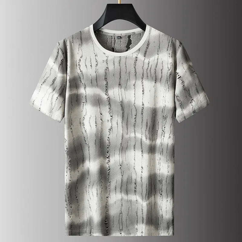 Men's grey plus size round neck t-shirt with short sleeves showing loose fit