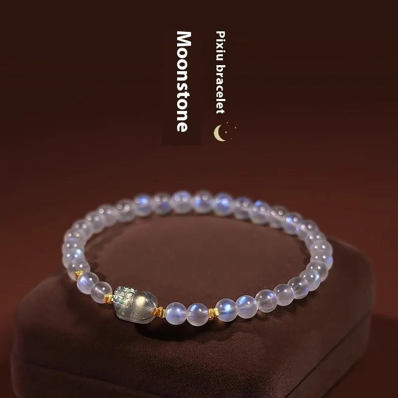 Moonstone women's bracelet with Chinese zodiac animal charms and polished beads in national style jewellery