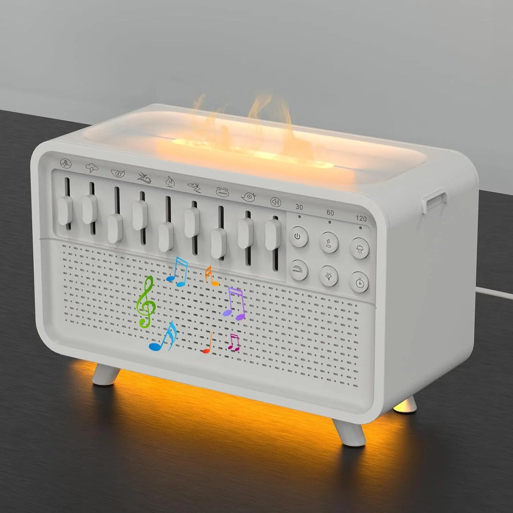 White geometric 3-in-1 Bluetooth speaker with white noise, humidifier, and night light functions.