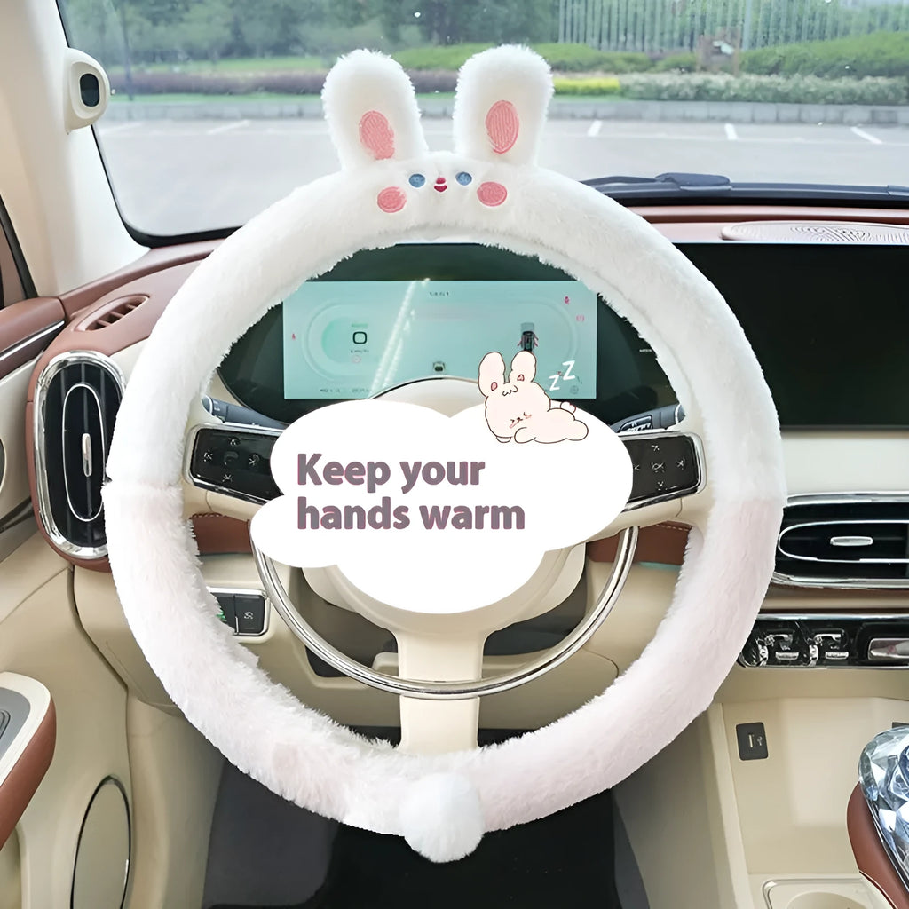 Plush thermal car steering wheel cover with rabbit fur embroidered cartoon design, 38cm diameter