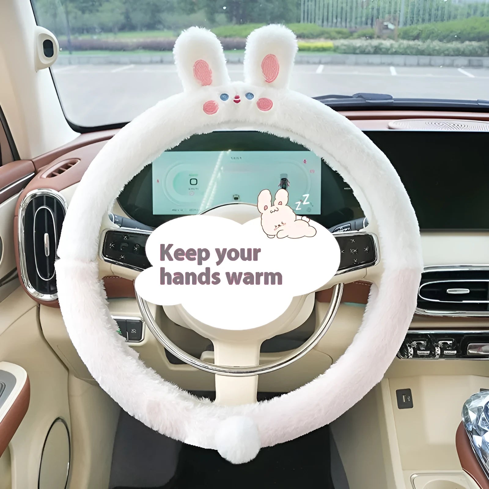 Plush thermal car steering wheel cover with rabbit fur embroidered cartoon design, 38cm diameter