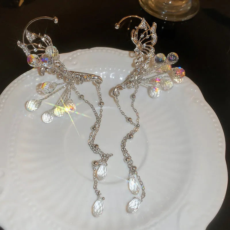 No pierced silver butterfly crystal tassel ear hanging on alloy clip-on for women