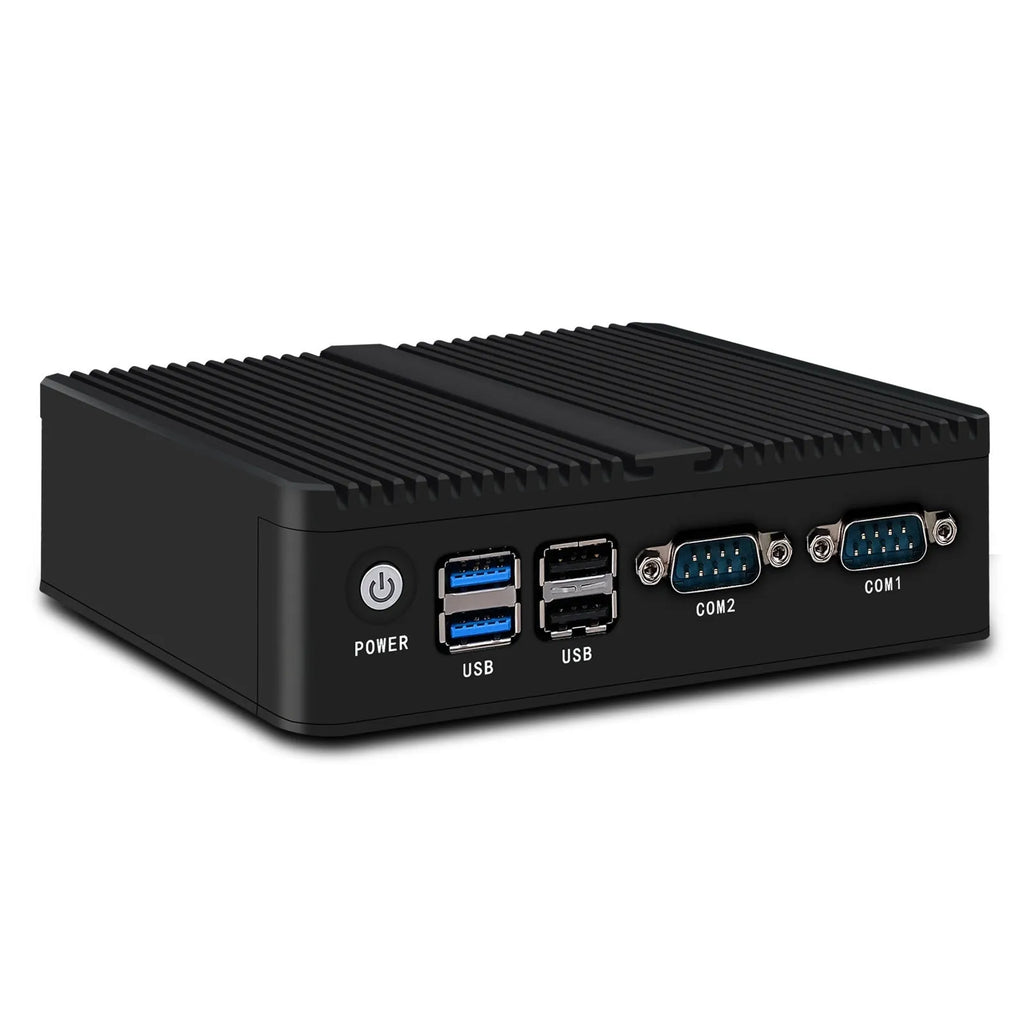 Compact industrial fanless mini PC with metal case, showing rear ports and small 13.6x12.7x4cm size.