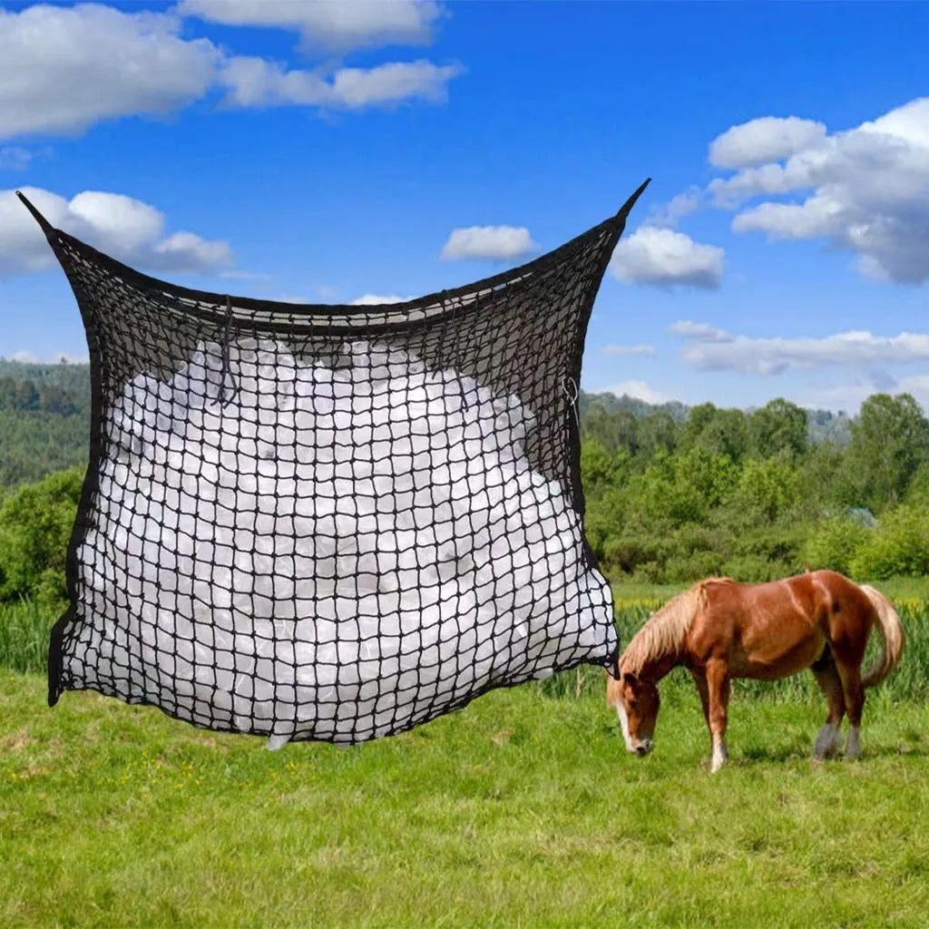 Woven polyethylene rope hanging feeding bag for livestock in a grid design.