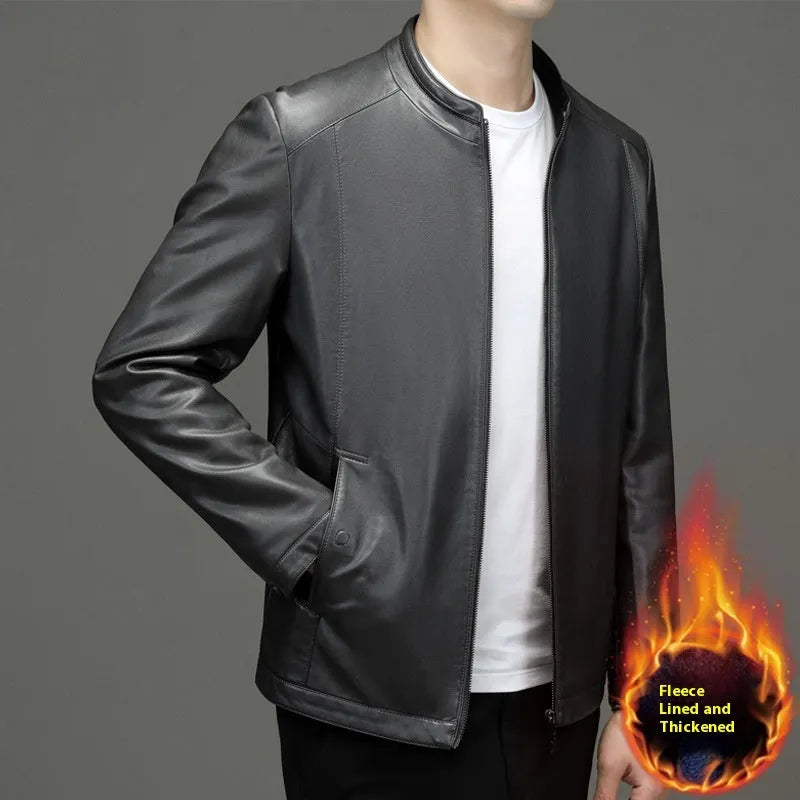 Men's genuine sheepskin leather jacket in black with fleece polyester lining, front view