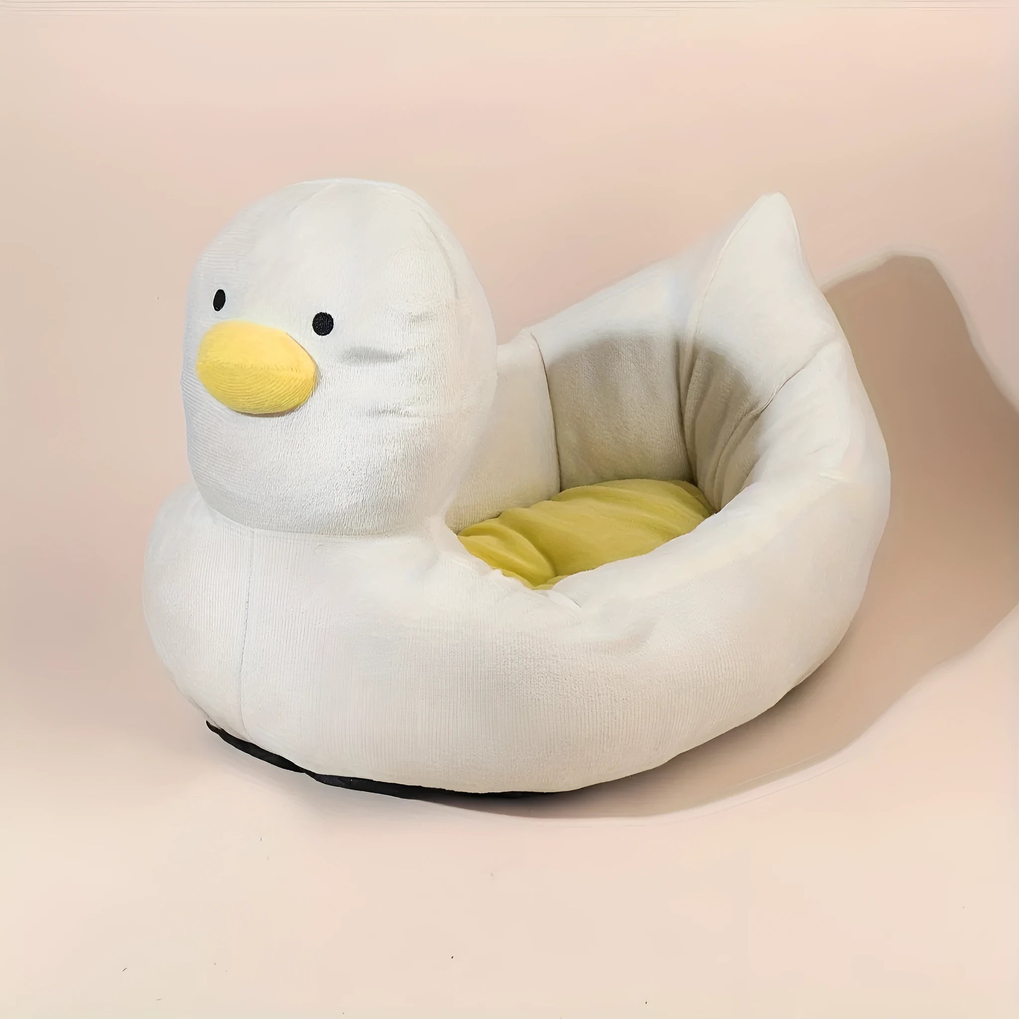 Blue duck-shaped fluffy pet bed for small dogs and cats with unique pattern