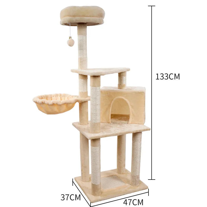 Multi-layer wooden cat climbing frame with chamfered edges, 47x37x133 cm, in beige plush finish
