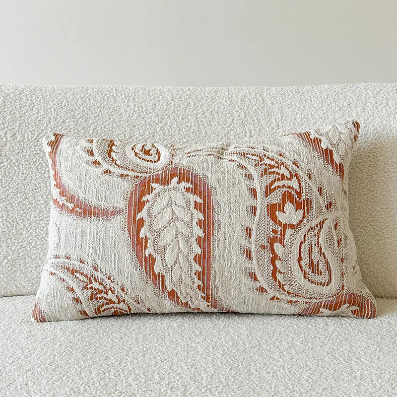 American-style yarn-dyed Jacquard cushion cover with paisley floral pattern in amber colour