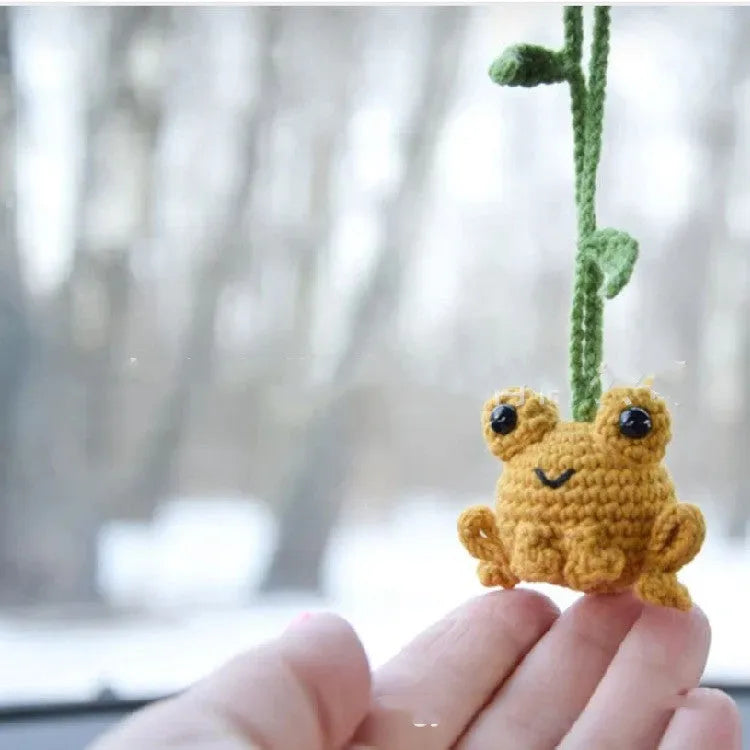 Handmade woven frog car pendant in plush material with cartoon design