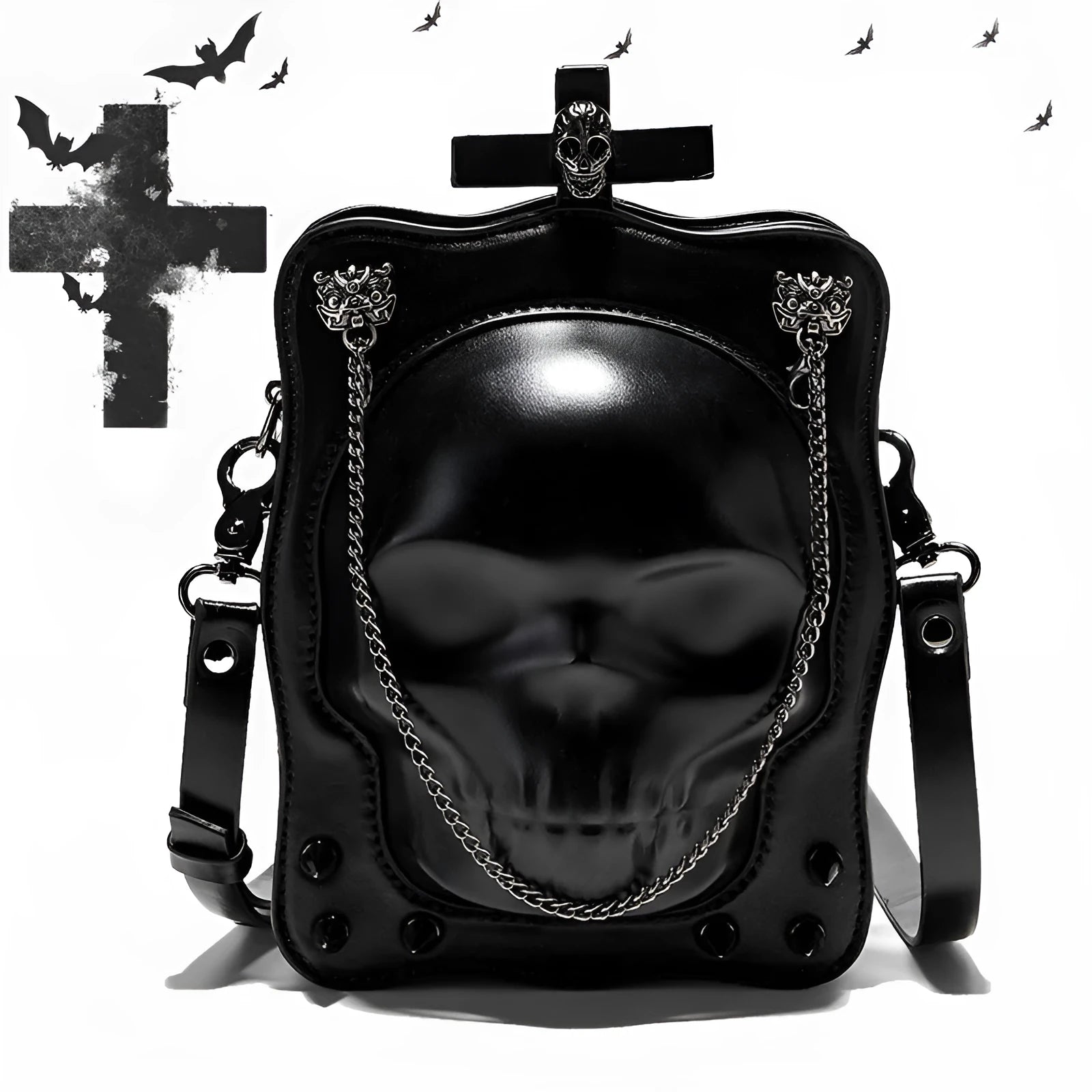 Black gothic crossbody bag with skull design, stitching, rivets, and chain details.