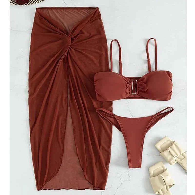 Women's three-piece bikini set with long culotte skirt in multiple solid colours