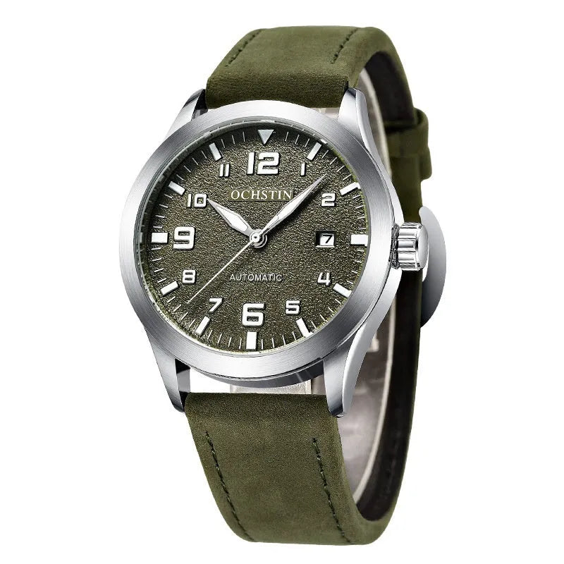 Retro leather automatic mechanical watch for men with exhibition back, 12mm slim, black shell beige dial