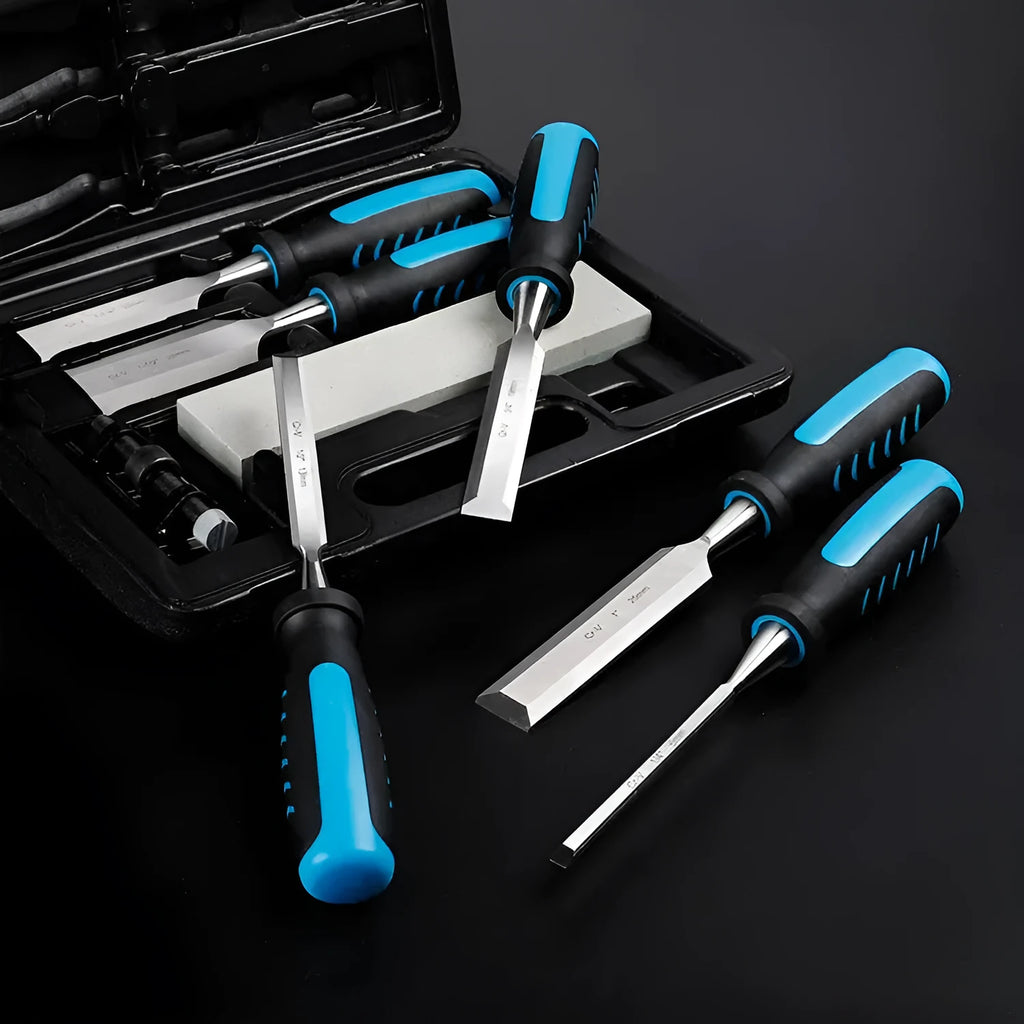 8-piece blue wood chisel set with sharpening stone for wood carving and woodworking